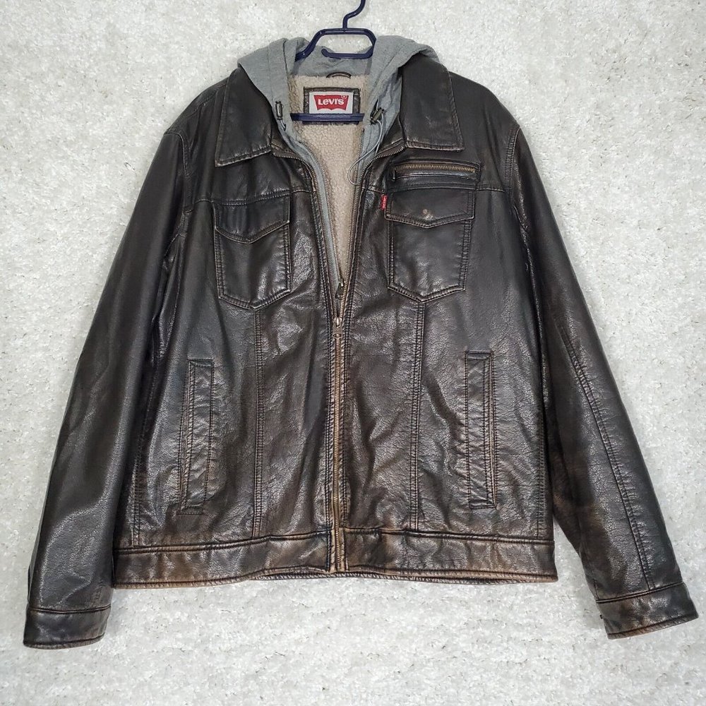 Levis Jacket Mens XL Brown Full Zip Sherpa Lined Hooded Faux Leather Trucker